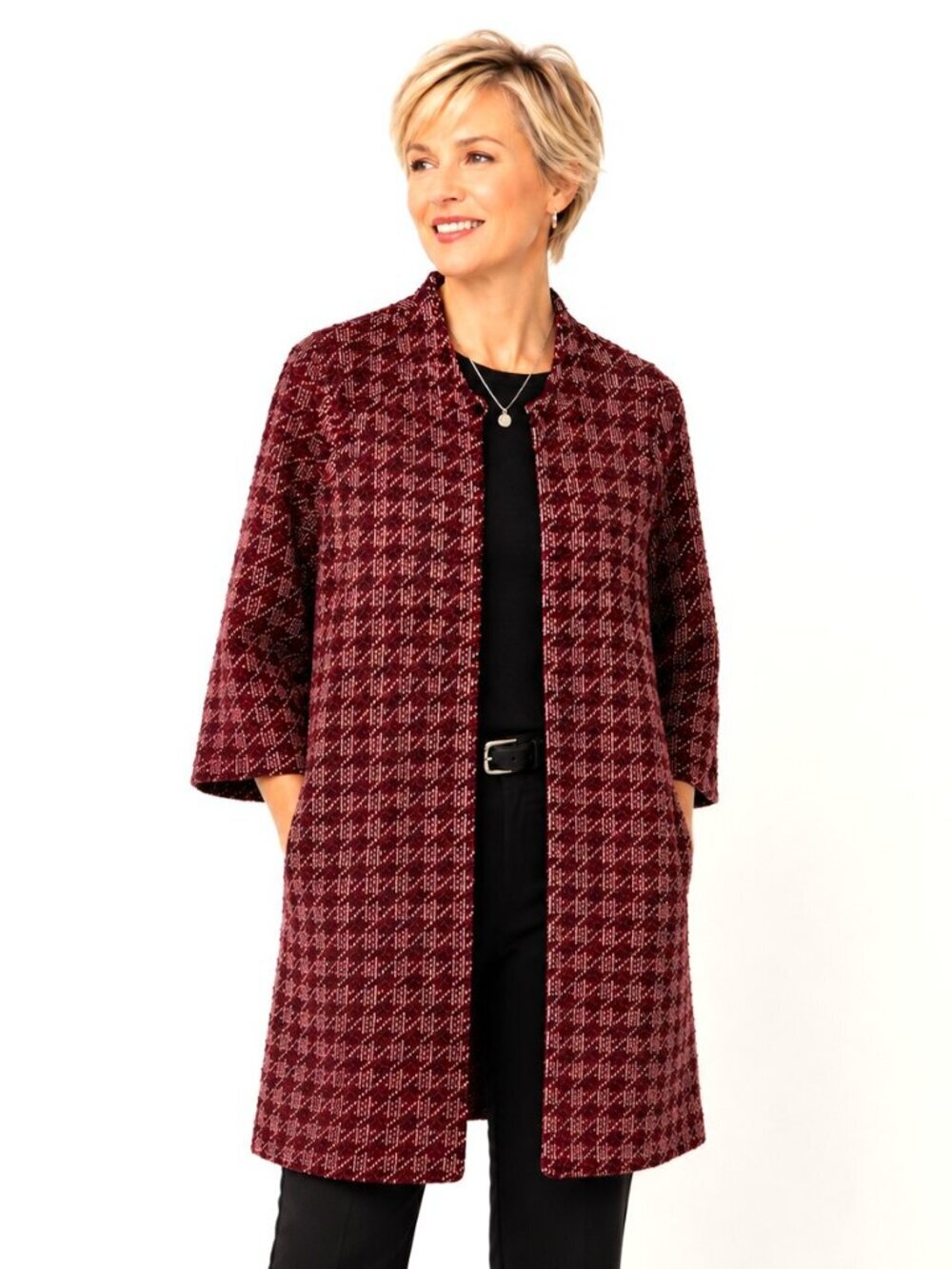 B. Nice Burgundy Red Italian Metallic Houndstooth Tweed Cardigan